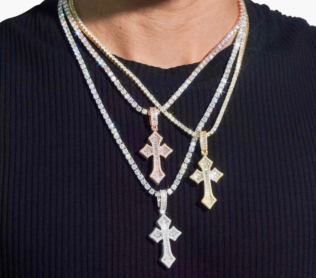 Pendentif Croix style baguette en Argent S925 Moissanite VVS1 KC.LUXURY