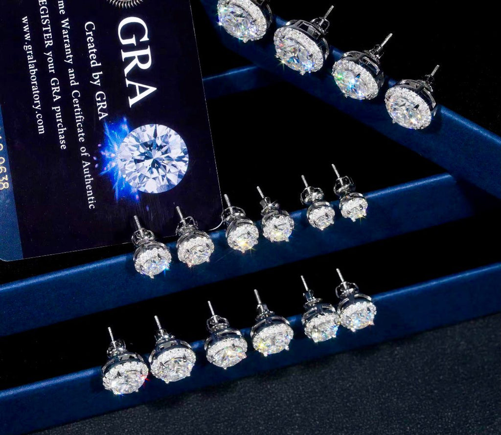 Boucles d’oreilles Solitaire Halo en argent, certifié Moissanite VVS KC.LUXURY
