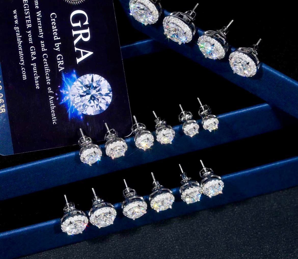 Boucles d’oreilles Solitaire Halo en argent, certifié Moissanite VVS KC.LUXURY