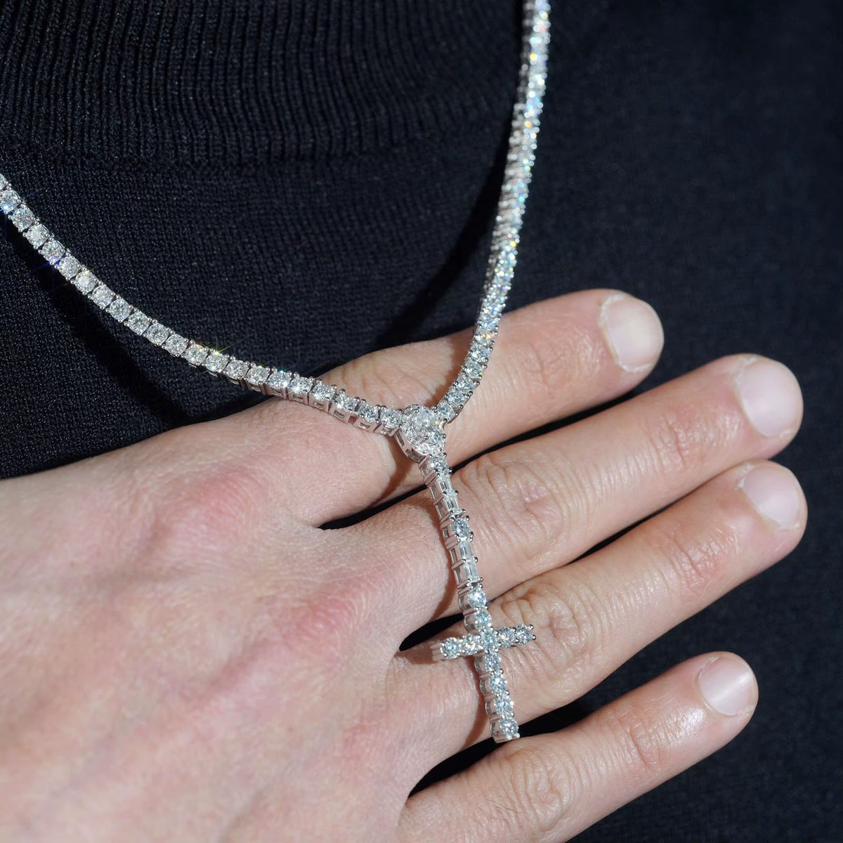 Chaîne tennis 3 mm en argent 925 avec croix chapelet en moissanite VVS KC.LUXURY