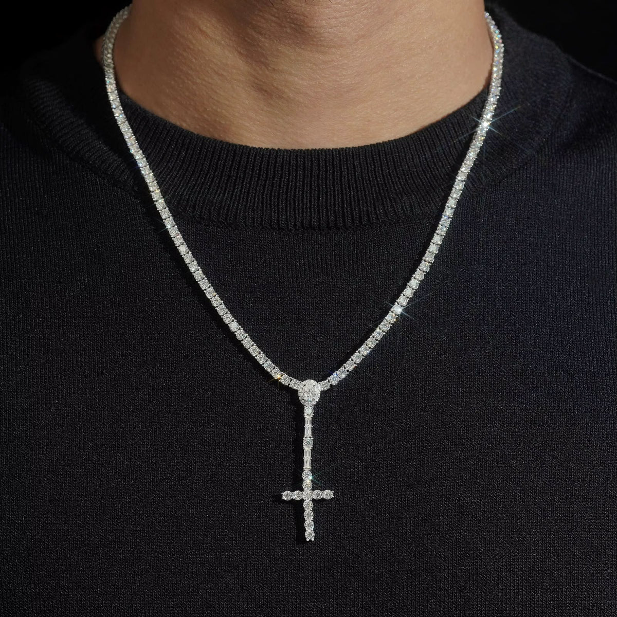 Chaîne tennis 3 mm en argent 925 avec croix chapelet en moissanite VVS KC.LUXURY