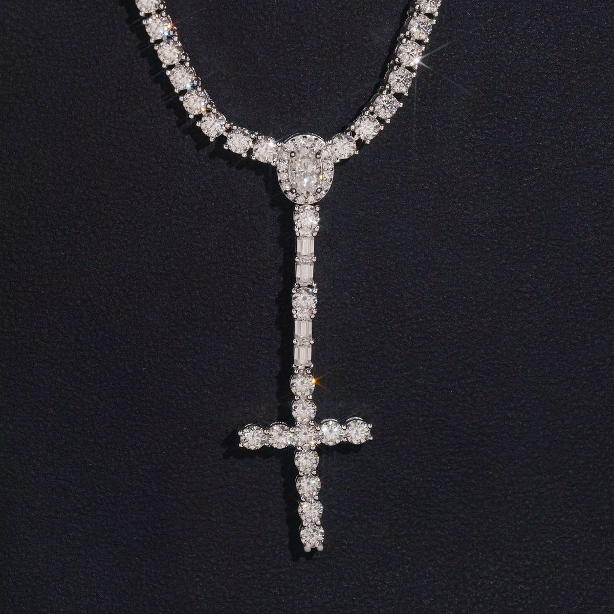 Chaîne tennis 3 mm en argent 925 avec croix chapelet en moissanite VVS KC.LUXURY