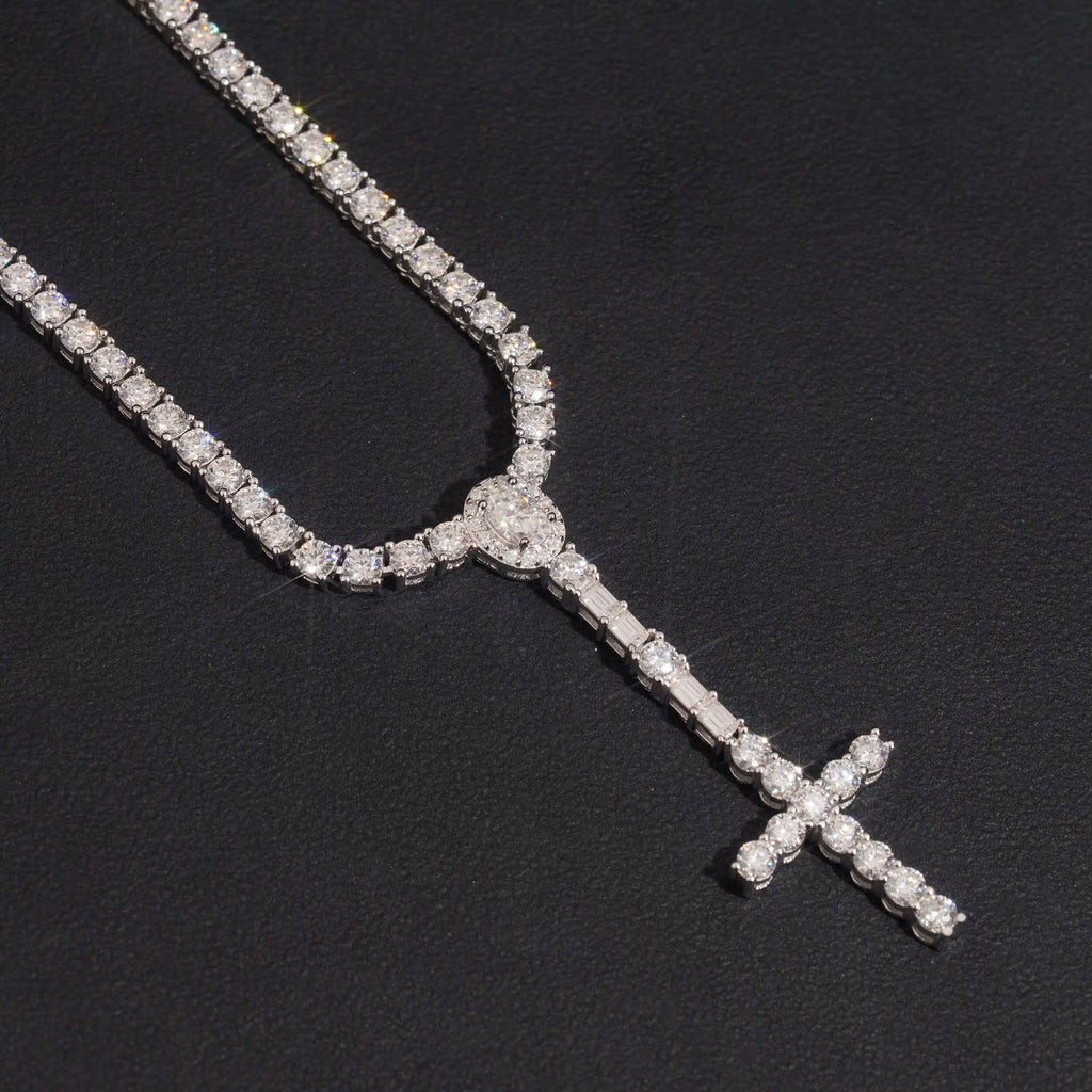 Chaîne tennis 3 mm en argent 925 avec croix chapelet en moissanite VVS KC.LUXURY