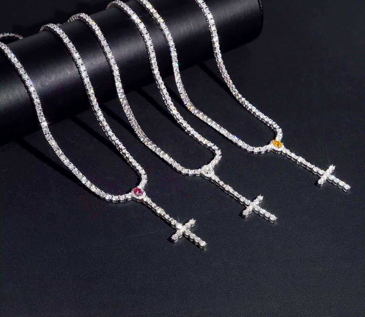 Chaîne tennis 3 mm en argent 925 avec croix chapelet en moissanite VVS KC.LUXURY