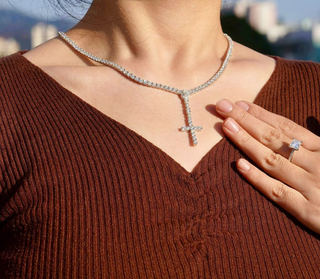 Chaîne tennis 3 mm en argent 925 avec croix chapelet en moissanite VVS KC.LUXURY