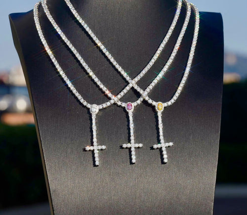 Chaîne tennis 3 mm en argent 925 avec croix chapelet en moissanite VVS KC.LUXURY