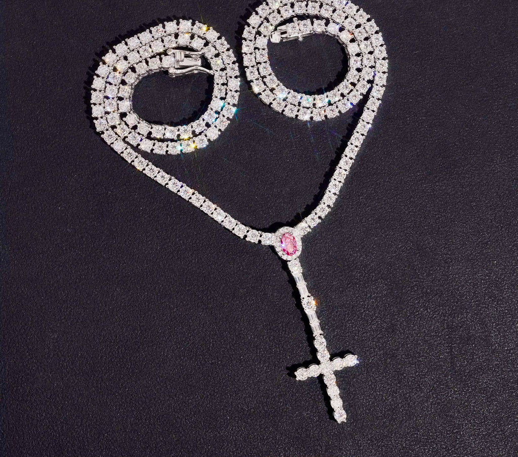 Chaîne tennis 3 mm en argent 925 avec croix chapelet en moissanite VVS KC.LUXURY