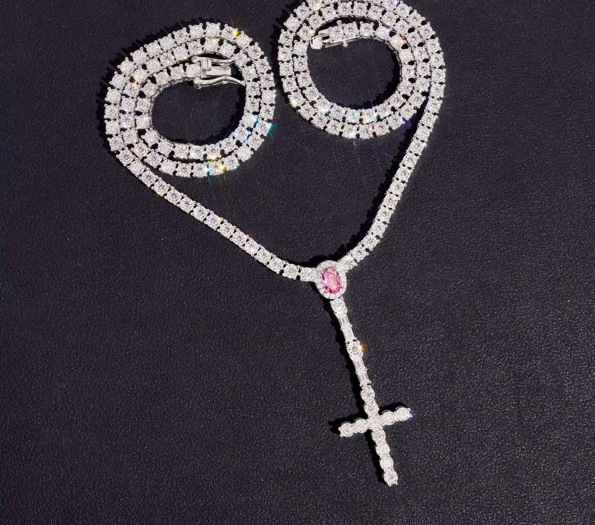 Chaîne tennis 3 mm en argent 925 avec croix chapelet en moissanite VVS KC.LUXURY