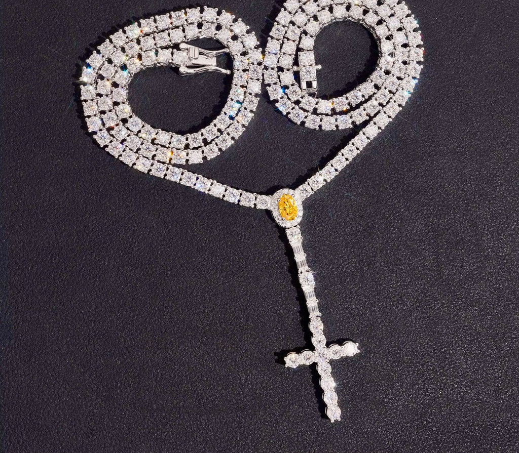 Chaîne tennis 3 mm en argent 925 avec croix chapelet en moissanite VVS KC.LUXURY