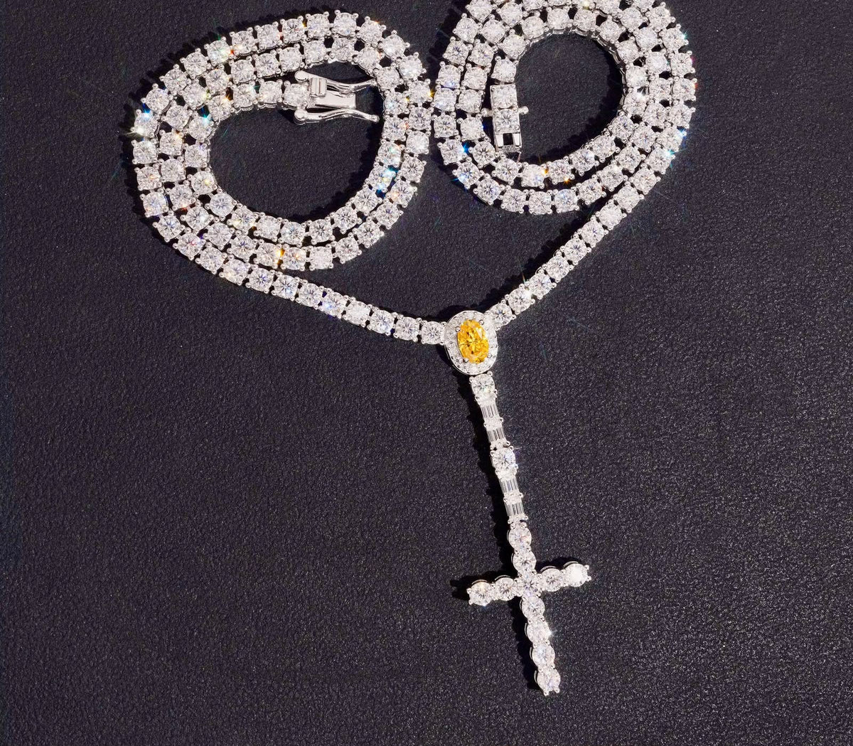 Chaîne tennis 3 mm en argent 925 avec croix chapelet en moissanite VVS KC.LUXURY