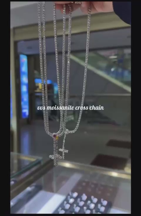 Chaîne tennis 3 mm en argent 925 avec croix chapelet en moissanite VVS